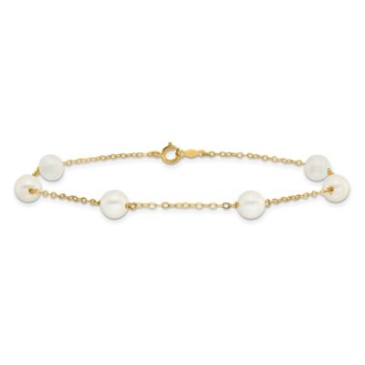 14K Yellow Gold 6-7mm White Near Round Freshwater Cultured Pearl 6-station Anklet