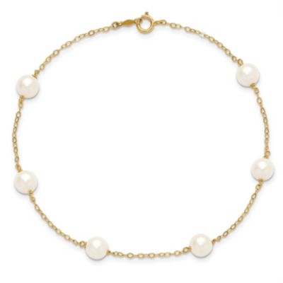 14K Yellow Gold 6-7mm White Near Round Freshwater Cultured Pearl 6-station Anklet