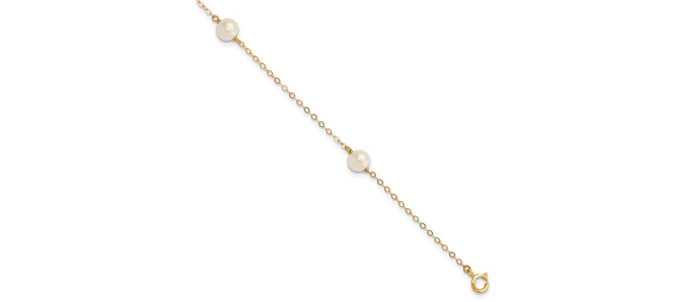 14K Yellow Gold 5-6mm White Near Round Freshwater Cultured Pearl 3-station Bracelet