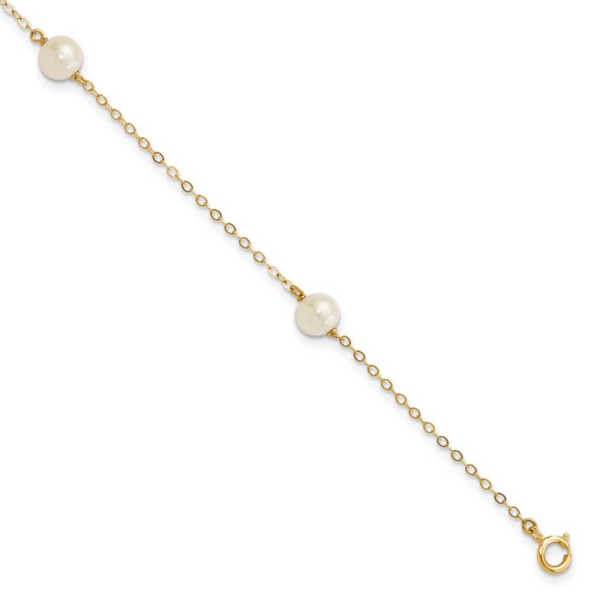14K Yellow Gold 5-6mm White Near Round Freshwater Cultured Pearl 3-station Bracelet