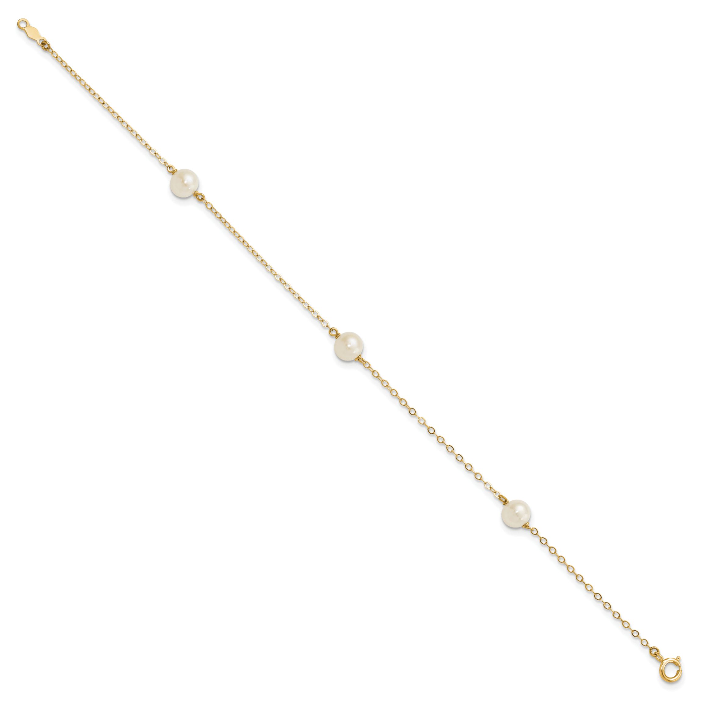 14K Yellow Gold 5-6mm White Near Round Freshwater Cultured Pearl 3-station Bracelet