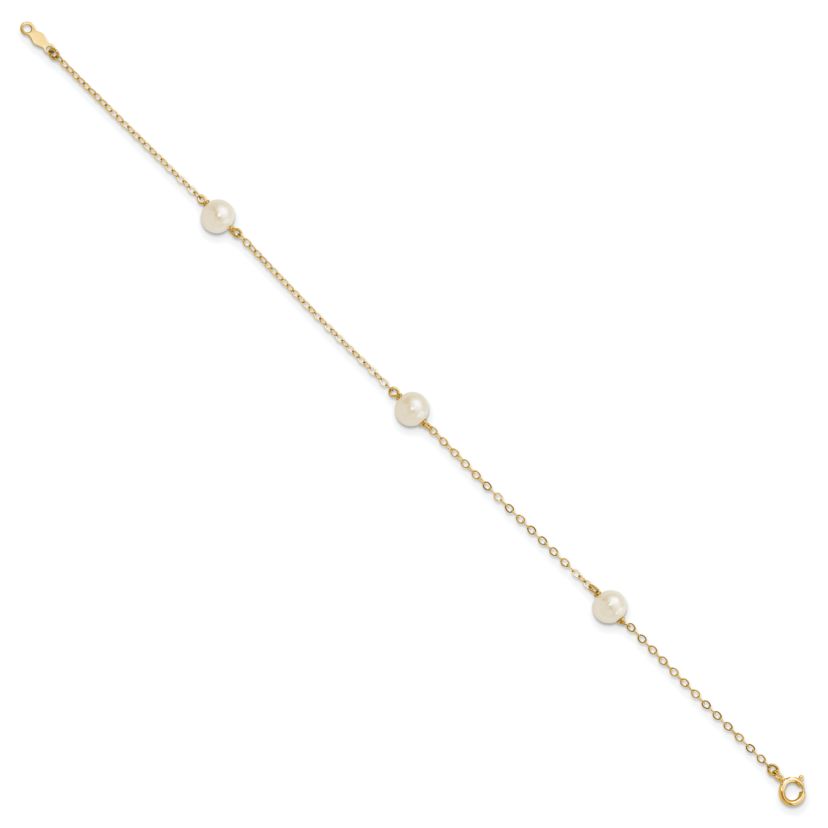 14K Yellow Gold 5-6mm White Near Round Freshwater Cultured Pearl 3-station Bracelet