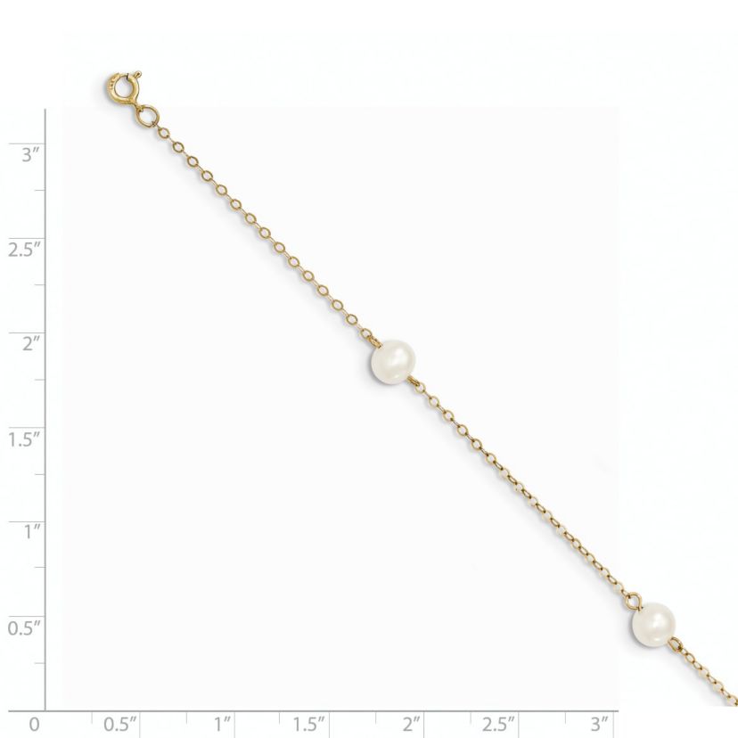 14K Yellow Gold 5-6mm White Near Round Freshwater Cultured Pearl 3-station Bracelet
