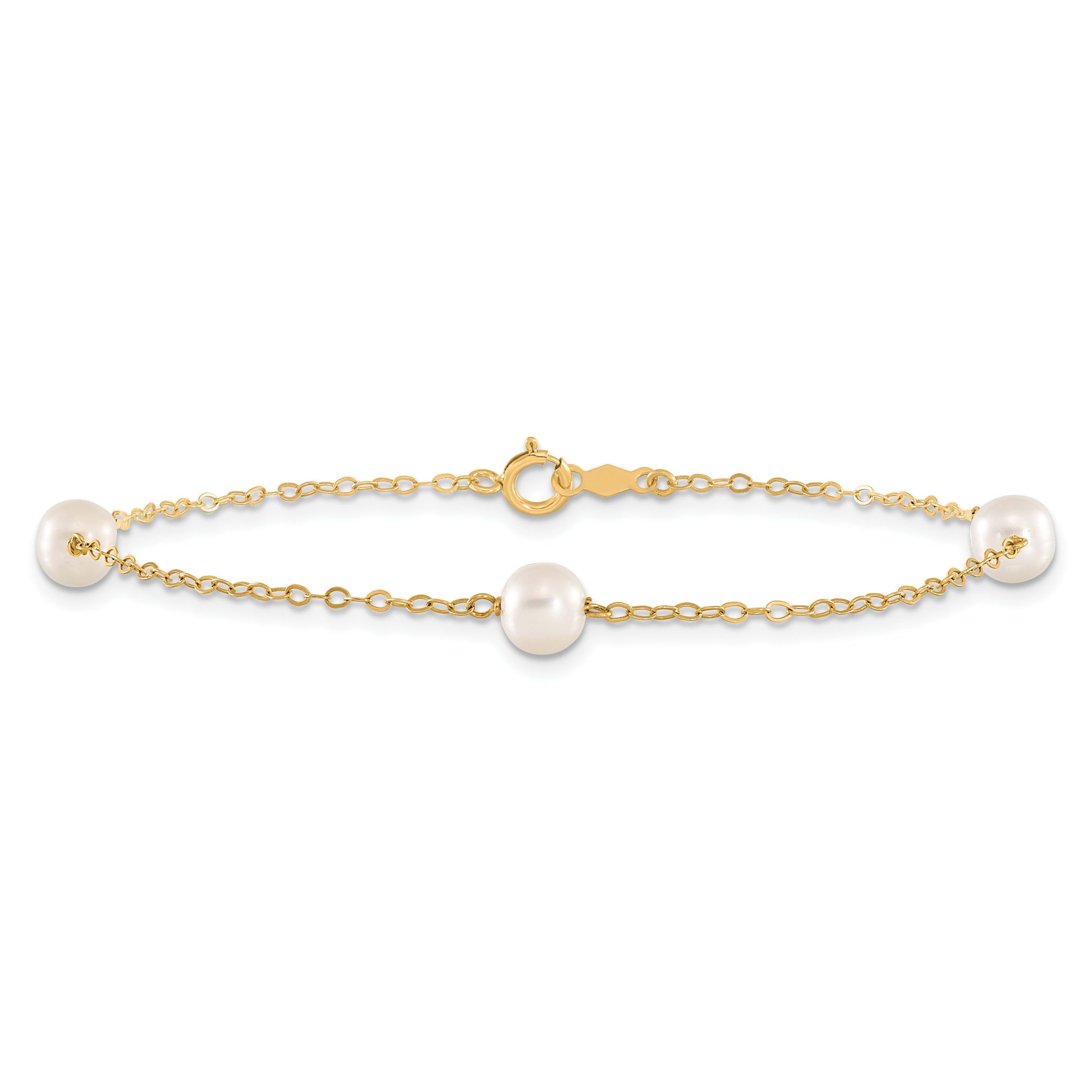 14K Yellow Gold 5-6mm White Near Round Freshwater Cultured Pearl 3-station Bracelet