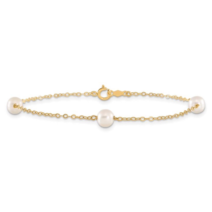14K Yellow Gold 5-6mm White Near Round Freshwater Cultured Pearl 3-station Bracelet