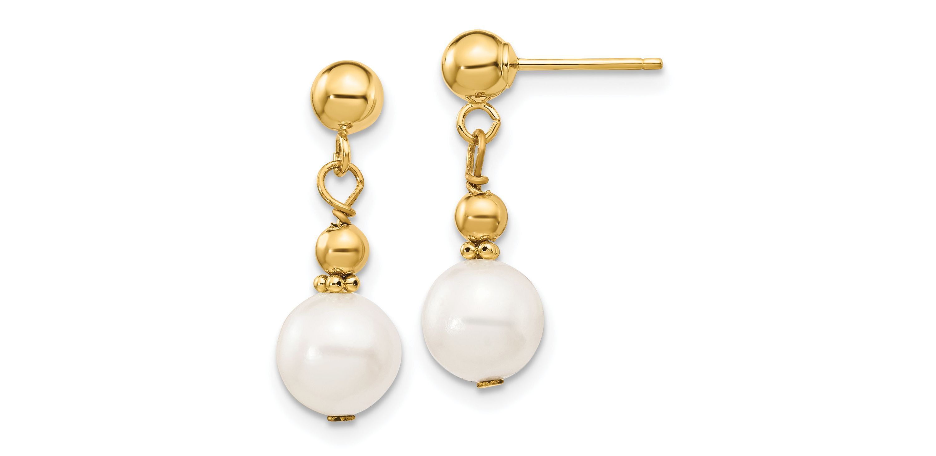 14K Yellow Gold 7-8mm White Semi-round Freshwater Cultured Pearl Dangle Post Earrings