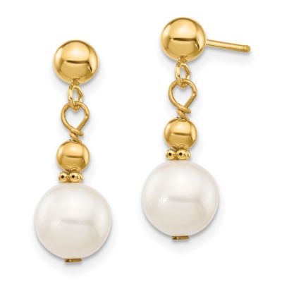 14K Yellow Gold 7-8mm White Semi-round Freshwater Cultured Pearl Dangle Post Earrings