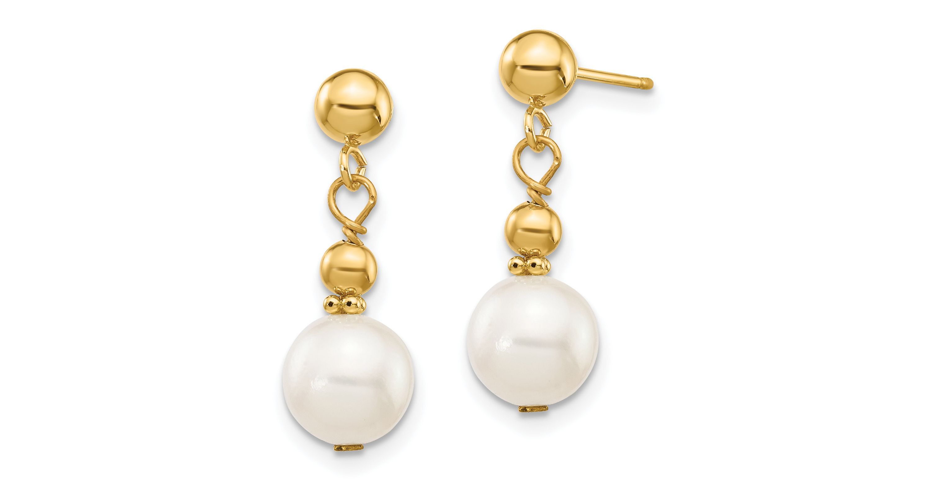 14K Yellow Gold 7-8mm White Semi-round Freshwater Cultured Pearl Dangle Post Earrings