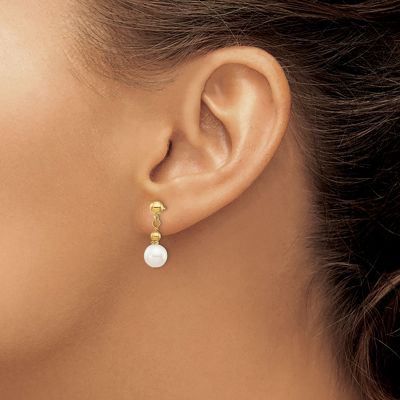 14K Yellow Gold 7-8mm White Semi-round Freshwater Cultured Pearl Dangle Post Earrings