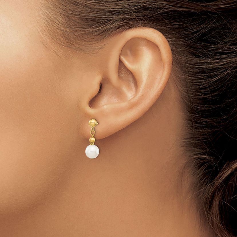 14K Yellow Gold 7-8mm White Semi-round Freshwater Cultured Pearl Dangle Post Earrings