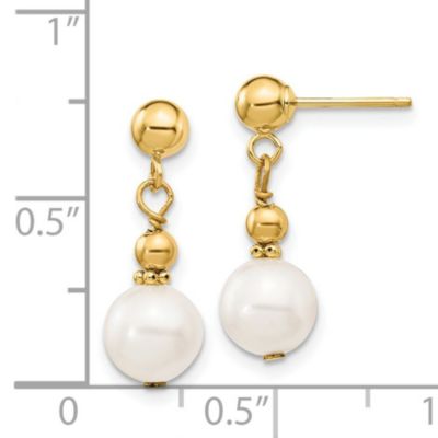 14K Yellow Gold 7-8mm White Semi-round Freshwater Cultured Pearl Dangle Post Earrings