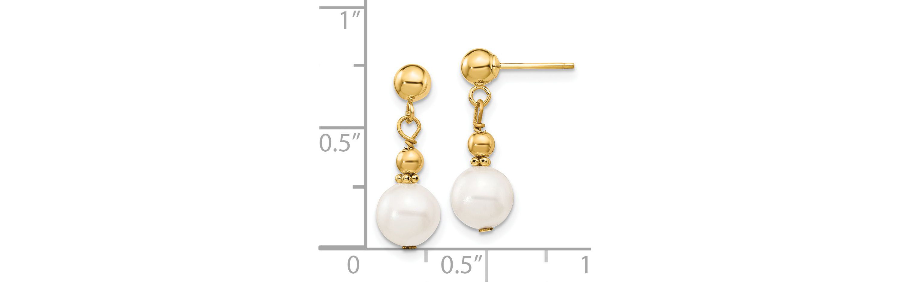 14K Yellow Gold 7-8mm White Semi-round Freshwater Cultured Pearl Dangle Post Earrings