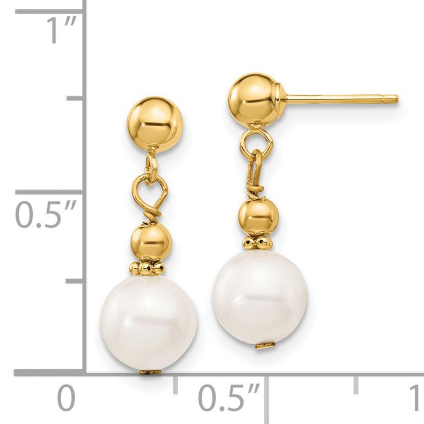 14K Yellow Gold 7-8mm White Semi-round Freshwater Cultured Pearl Dangle Post Earrings