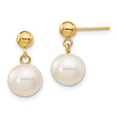 14K Yellow Gold 8-8.5mm White Round Freshwater Cultured Pearl Dangle Post Earrings