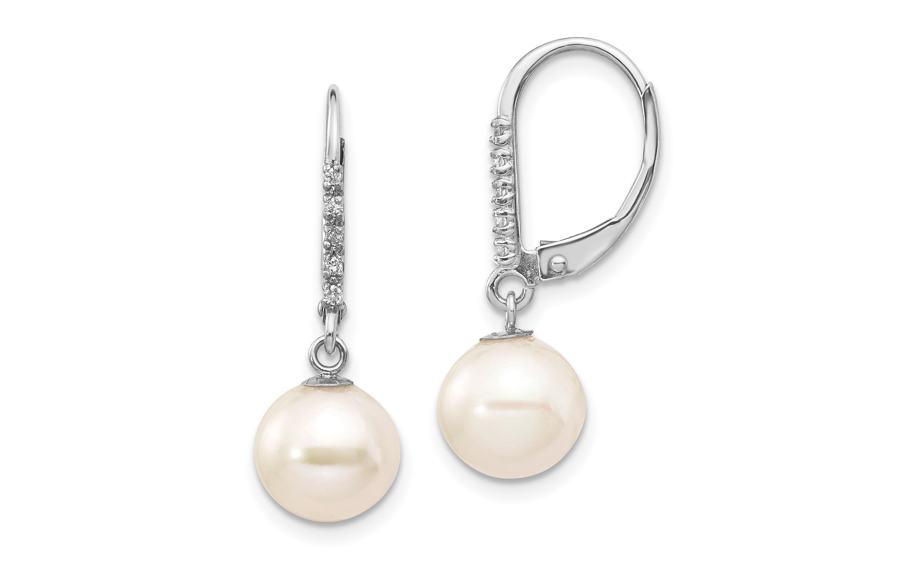 0.05 ct. t.w. Diamond and 8-9mm White Round Freshwater Cultured Pearl Leverback Earrings in 14K Yellow Gold