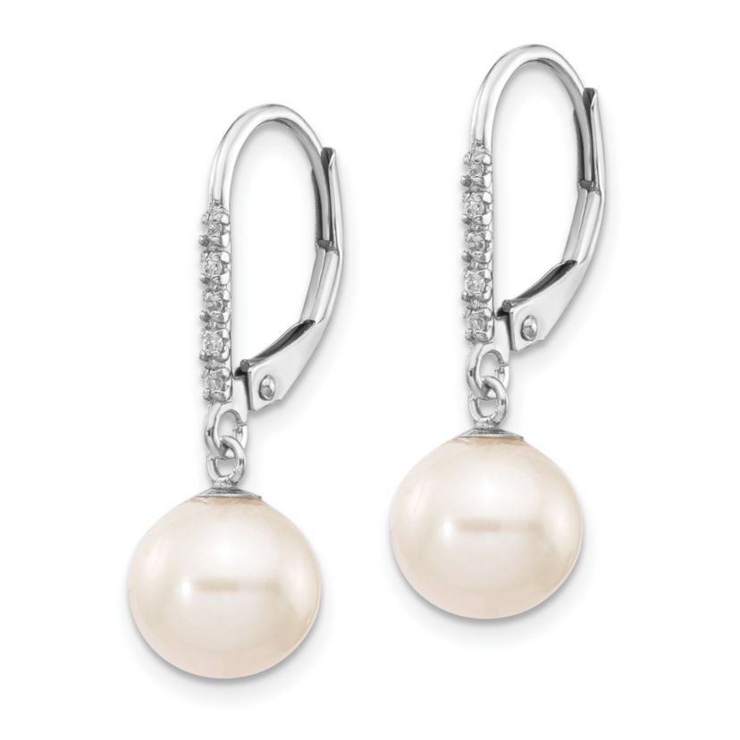 0.05 ct. t.w. Diamond and 8-9mm White Round Freshwater Cultured Pearl Leverback Earrings in 14K Yellow Gold