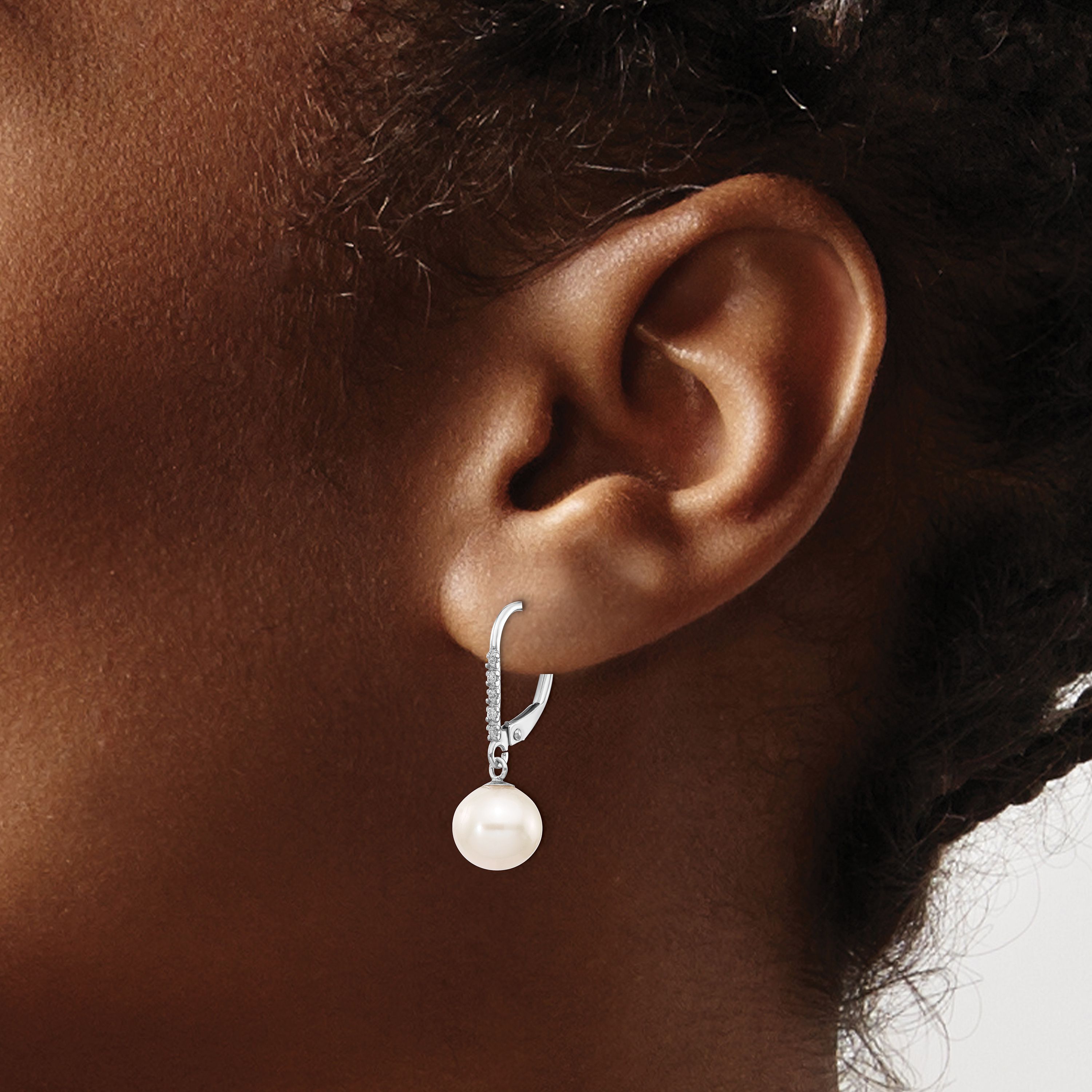 0.05 ct. t.w. Diamond and 8-9mm White Round Freshwater Cultured Pearl Leverback Earrings in 14K Yellow Gold