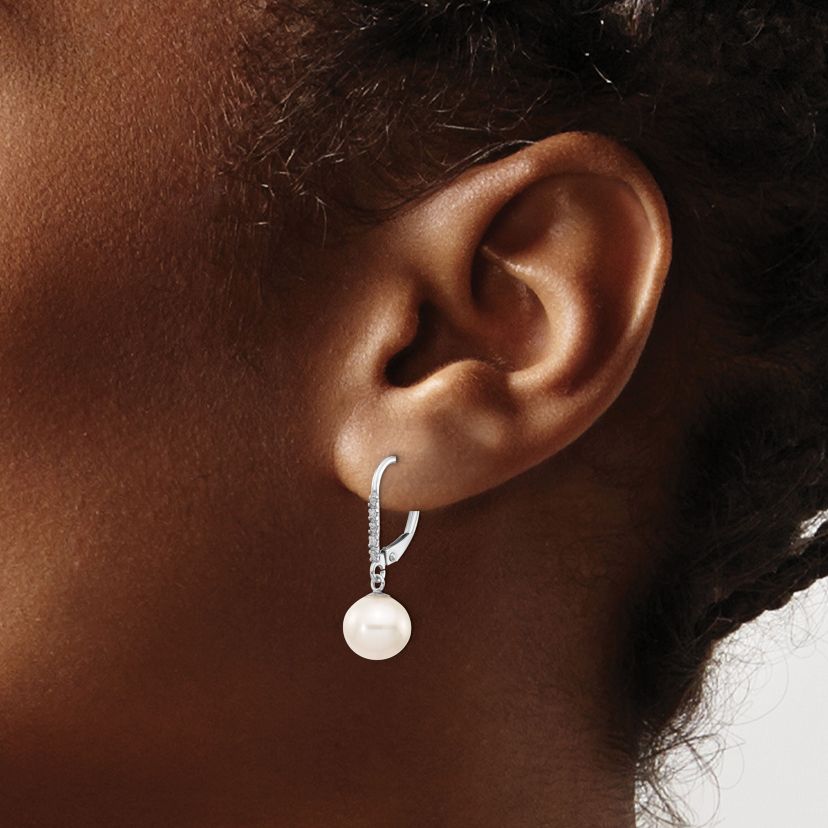 0.05 ct. t.w. Diamond and 8-9mm White Round Freshwater Cultured Pearl Leverback Earrings in 14K Yellow Gold