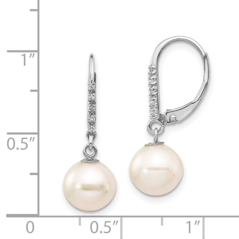 0.05 ct. t.w. Diamond and 8-9mm White Round Freshwater Cultured Pearl Leverback Earrings in 14K Yellow Gold