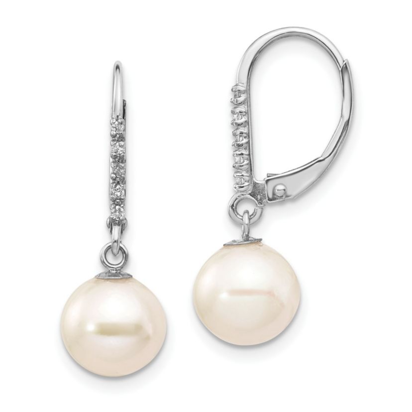 0.05 ct. t.w. Diamond and 8-9mm White Round Freshwater Cultured Pearl Leverback Earrings in 14K Yellow Gold