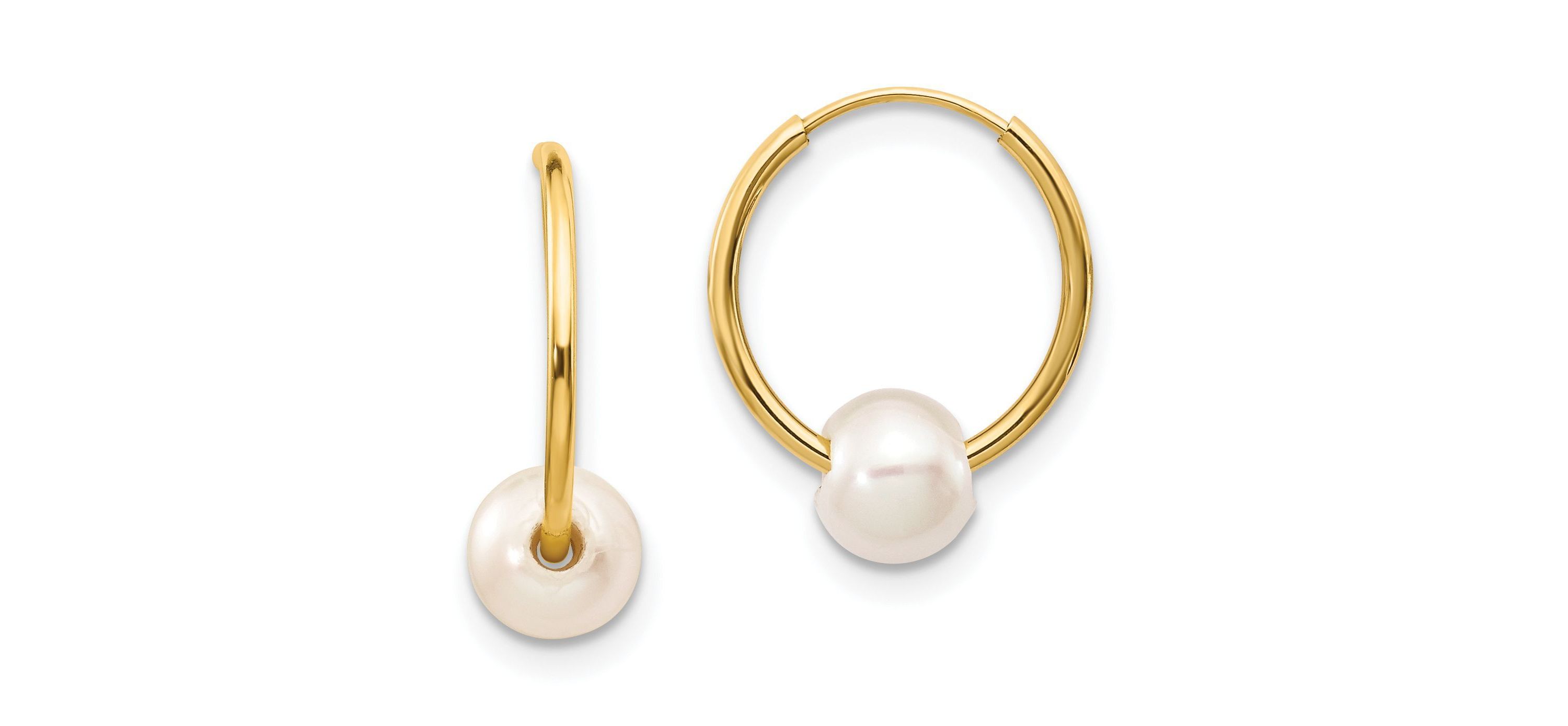14K Yellow Gold 5-6mm White Semi-round Freshwater Cultured Pearl Endless Hoop Earrings