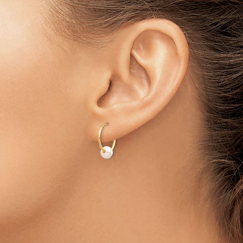 14K Yellow Gold 5-6mm White Semi-round Freshwater Cultured Pearl Endless Hoop Earrings