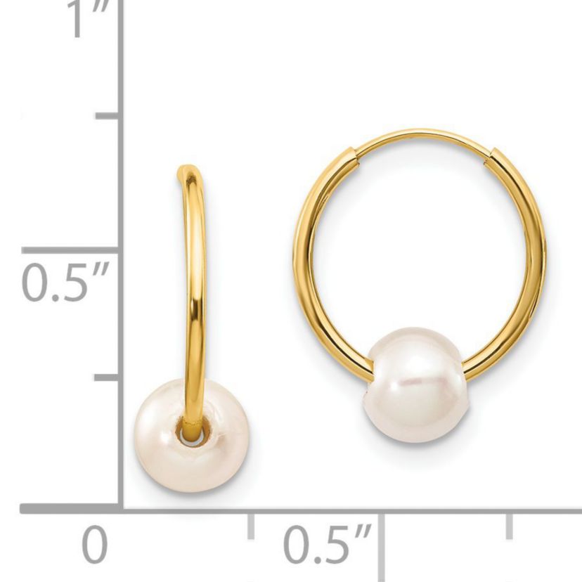 14K Yellow Gold 5-6mm White Semi-round Freshwater Cultured Pearl Endless Hoop Earrings