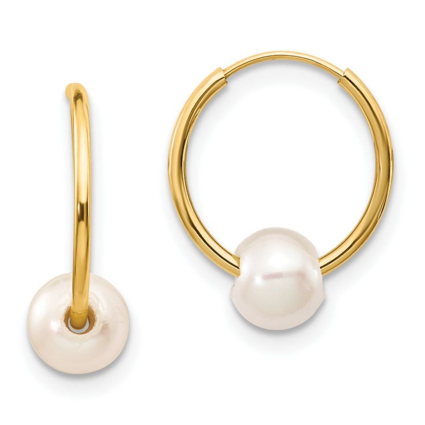 14K Yellow Gold 5-6mm White Semi-round Freshwater Cultured Pearl Endless Hoop Earrings