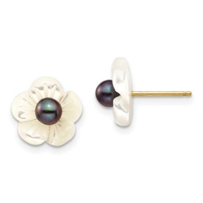 Belk & Co 14K Yellow Gold 3-4mm Black Freshwater Cultured Pearl with 10 mm Mother Of Pearl Flower Post Earrings