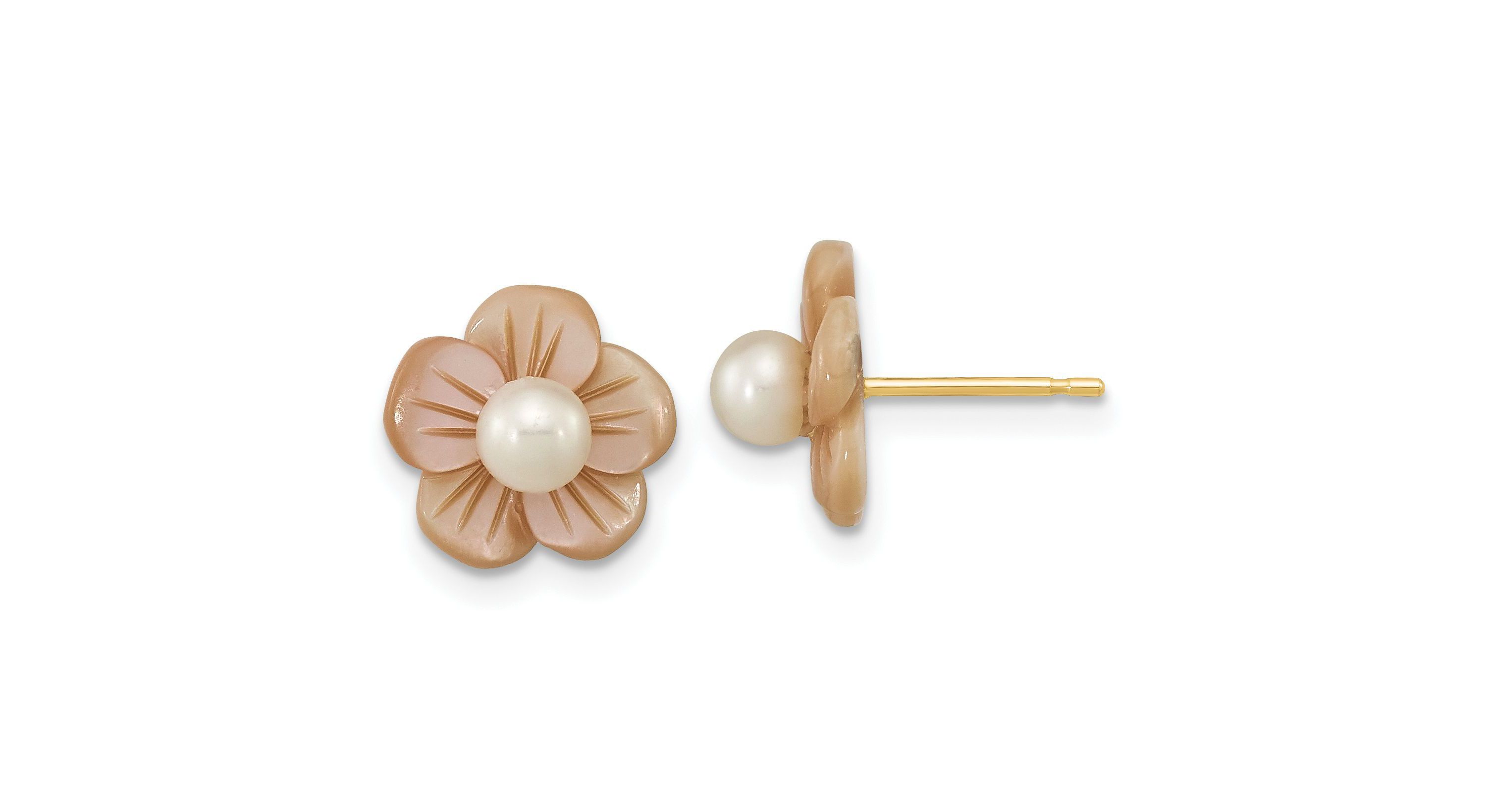 14K Yellow Gold 3-4mm Round White Freshwater Cultured Pearl Pink Mother Of Pearl Flower Earrings