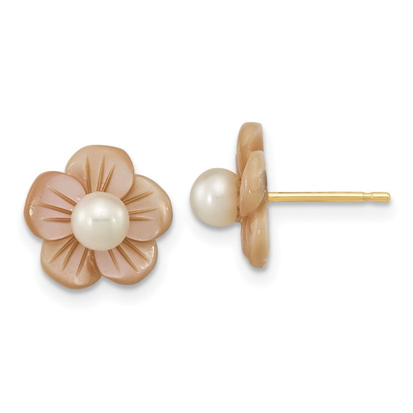 14K Yellow Gold 3-4mm Round White Freshwater Cultured Pearl Pink Mother Of Pearl Flower Earrings