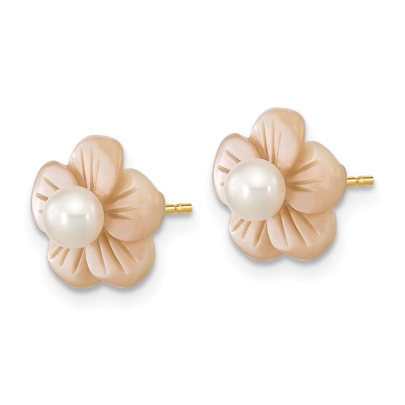 14K Yellow Gold 3-4mm Round White Freshwater Cultured Pearl Pink Mother Of Pearl Flower Earrings