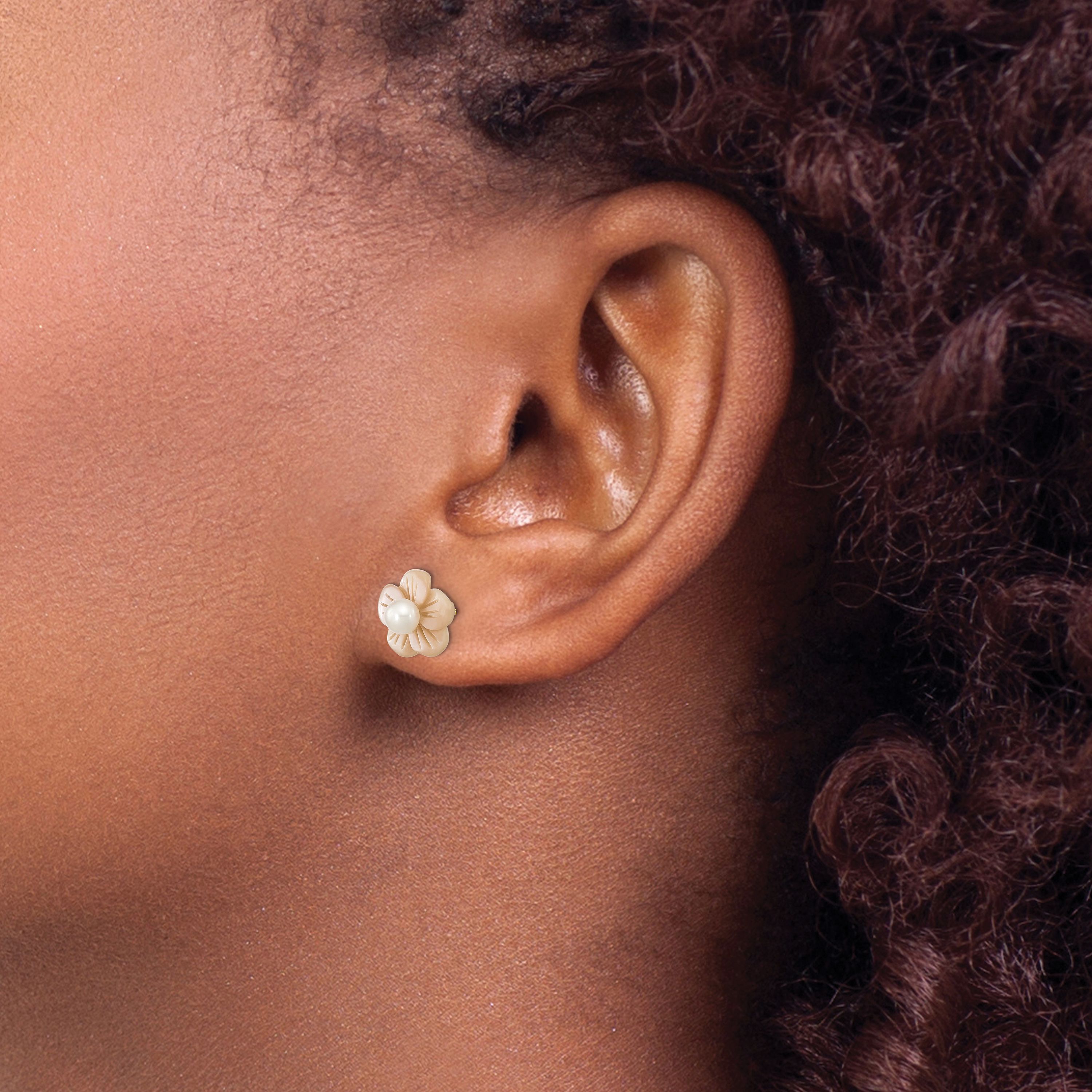 14K Yellow Gold 3-4mm Round White Freshwater Cultured Pearl Pink Mother Of Pearl Flower Earrings