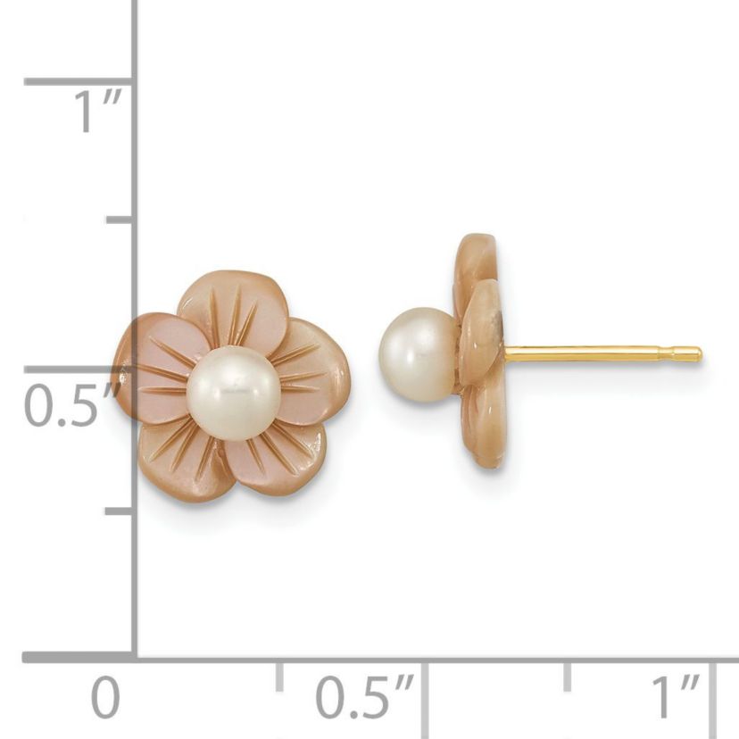 14K Yellow Gold 3-4mm Round White Freshwater Cultured Pearl Pink Mother Of Pearl Flower Earrings