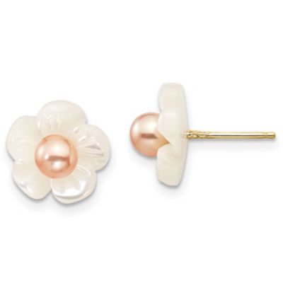 Belk & Co 14K Yellow Gold 3-4mm Pink Freshwater Cultured Pearl with 10mm Mother Of Pearl Flower Post Earrings