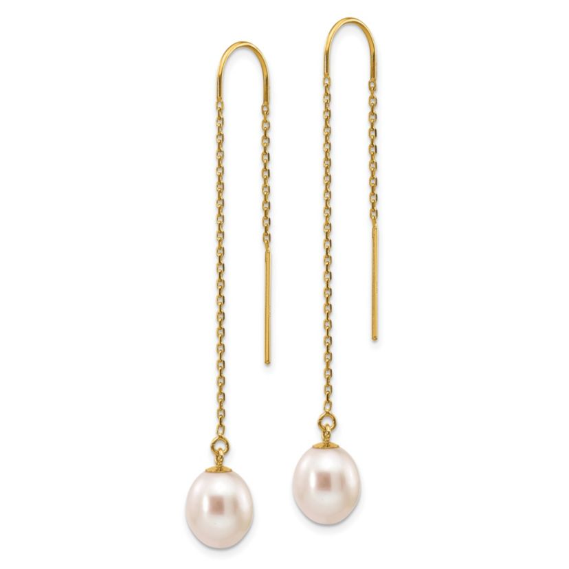 14K Yellow Gold 7-8mm White Rice Freshwater Cultured Pearl Dangle Threader Earrings