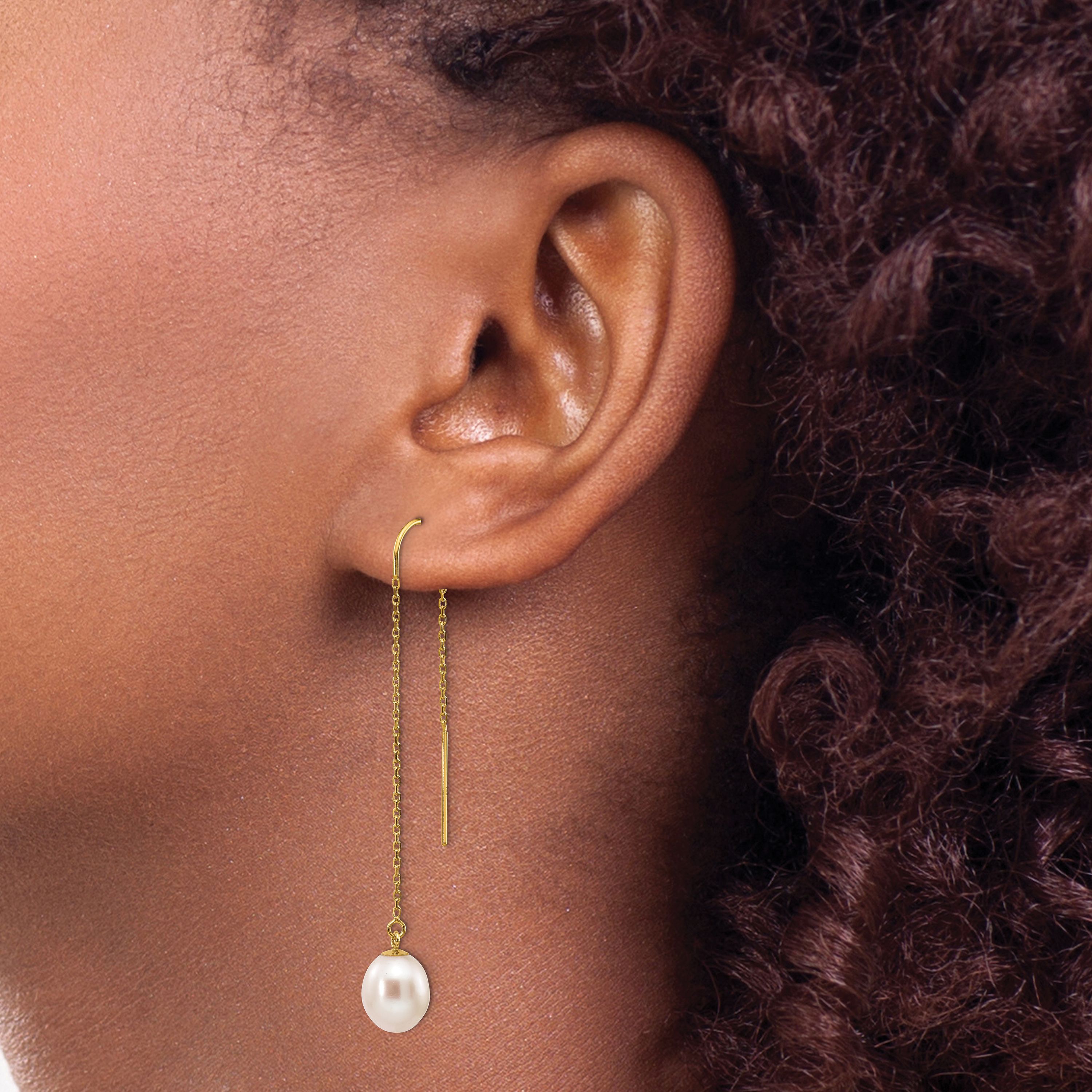 14K Yellow Gold 7-8mm White Rice Freshwater Cultured Pearl Dangle Threader Earrings