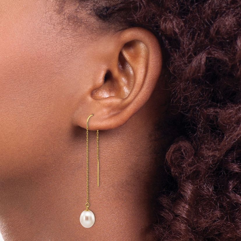 14K Yellow Gold 7-8mm White Rice Freshwater Cultured Pearl Dangle Threader Earrings