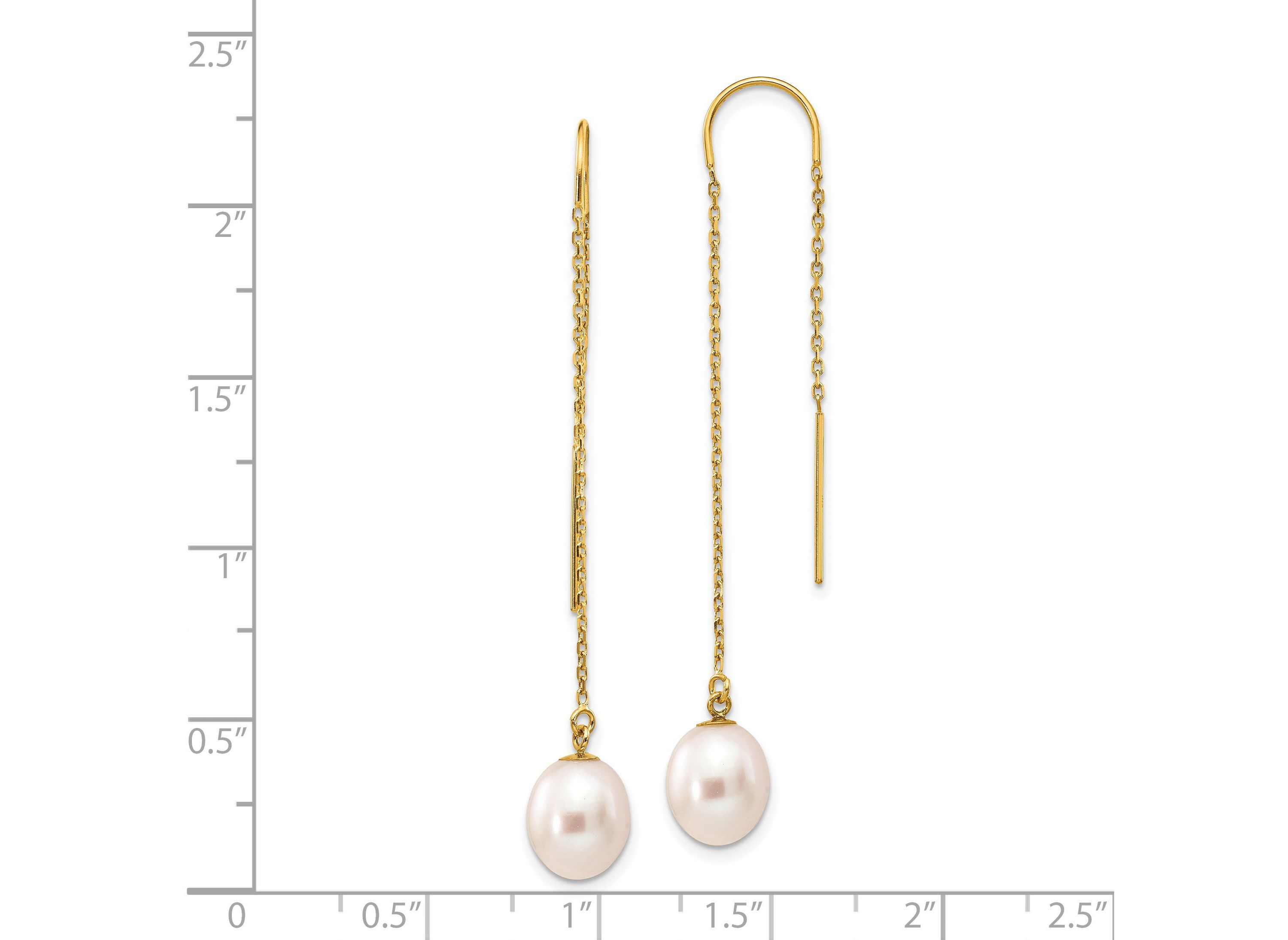 14K Yellow Gold 7-8mm White Rice Freshwater Cultured Pearl Dangle Threader Earrings