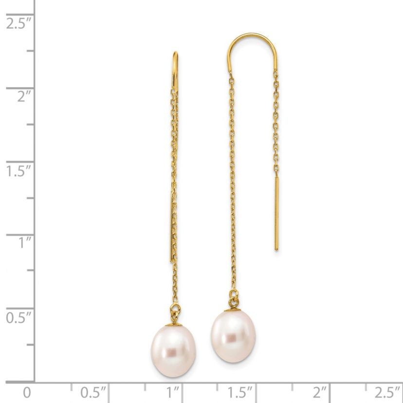 14K Yellow Gold 7-8mm White Rice Freshwater Cultured Pearl Dangle Threader Earrings