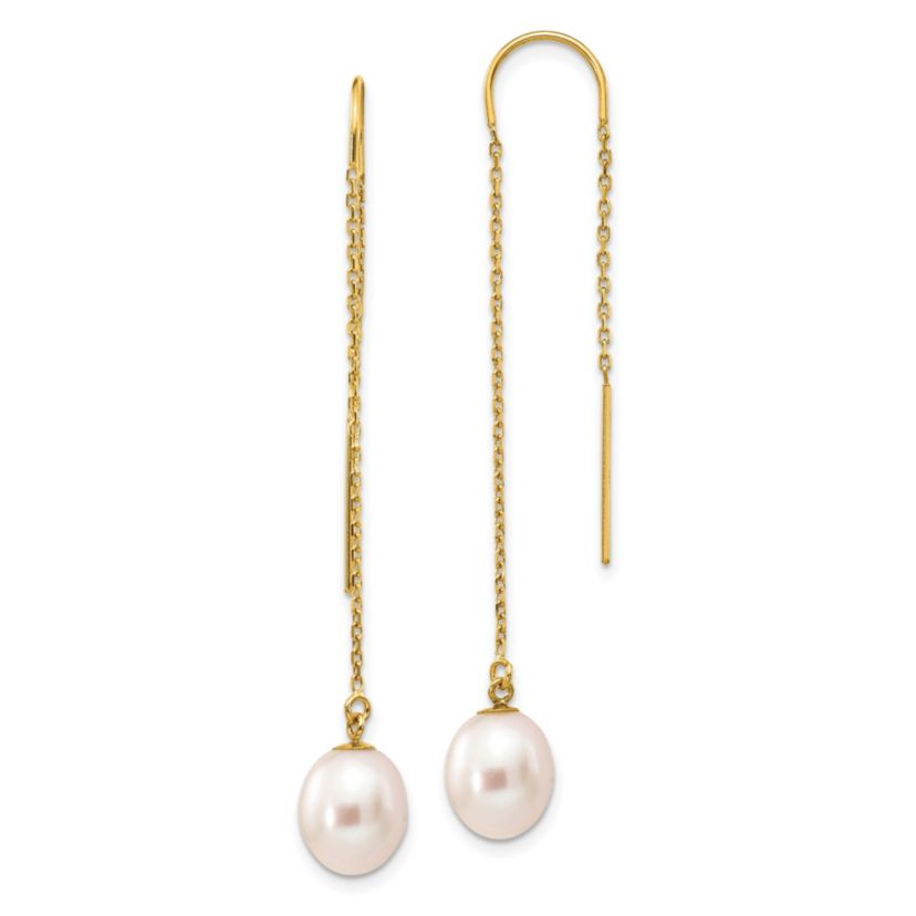 14K Yellow Gold 7-8mm White Rice Freshwater Cultured Pearl Dangle Threader Earrings