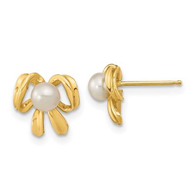 14K Yellow Gold 3-4mm White Button Freshwater Cultured Pearl Post Earrings
