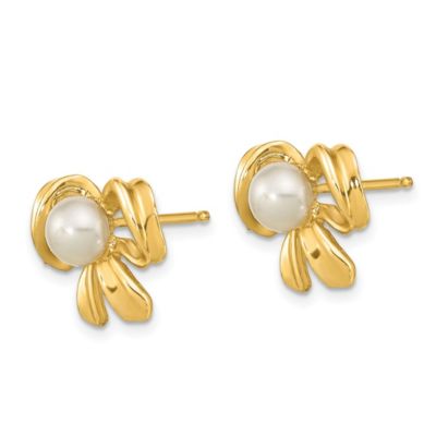 14K Yellow Gold 3-4mm White Button Freshwater Cultured Pearl Post Earrings