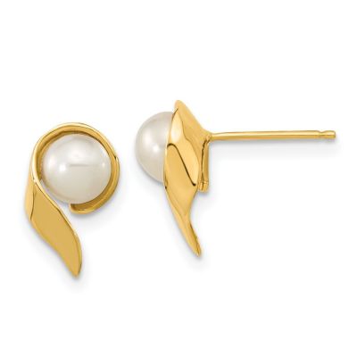 14K Yellow Gold 5-6mm White Button Freshwater Cultured Pearl Post Earrings