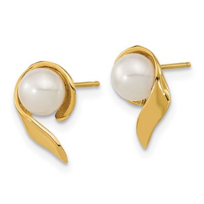 14K Yellow Gold 5-6mm White Button Freshwater Cultured Pearl Post Earrings