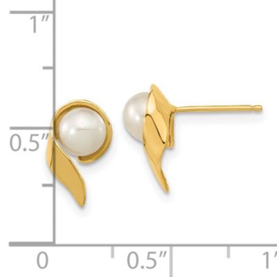 14K Yellow Gold 5-6mm White Button Freshwater Cultured Pearl Post Earrings