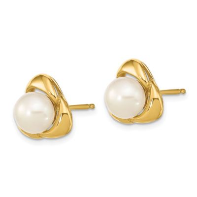 14K Yellow Gold 5-6mm White Button Freshwater Cultured Pearl Post Earrings