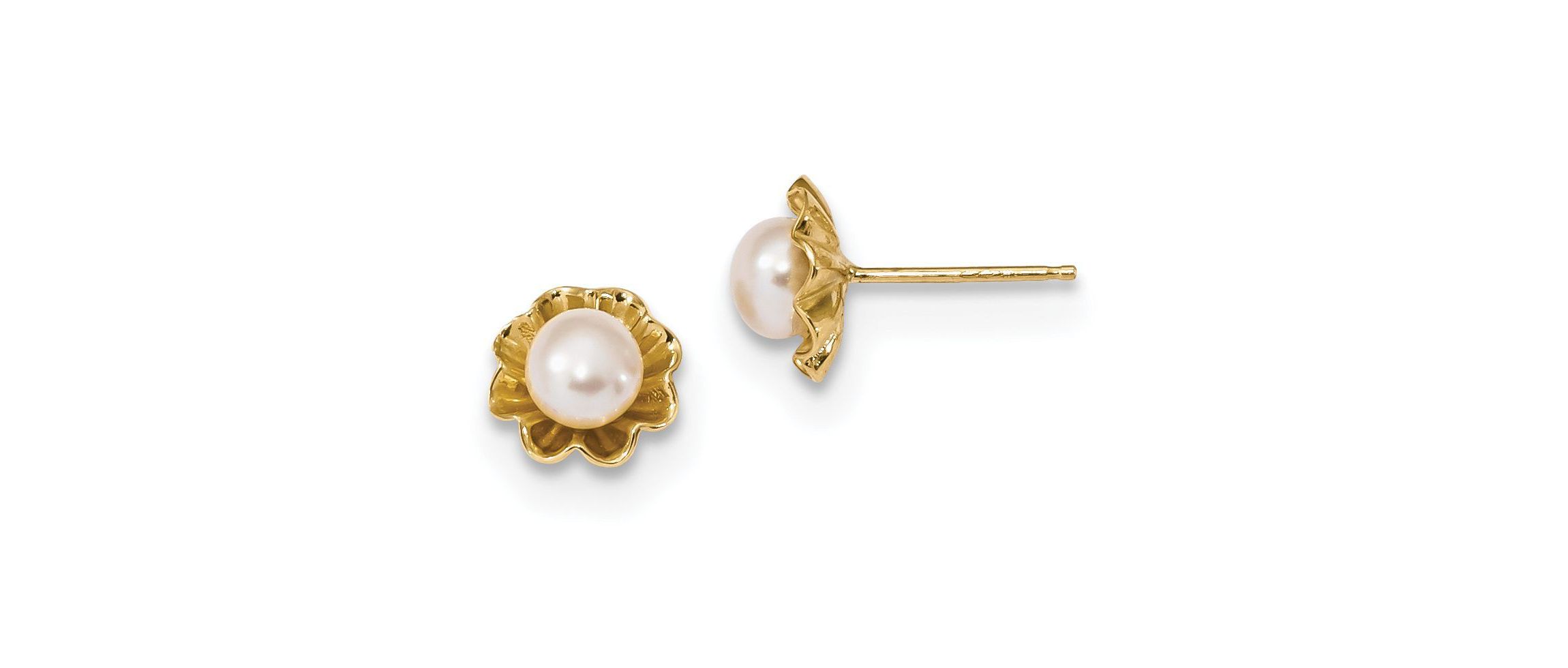 14K Yellow Gold 5-6mm White Button Freshwater Cultured Pearl Post Earrings