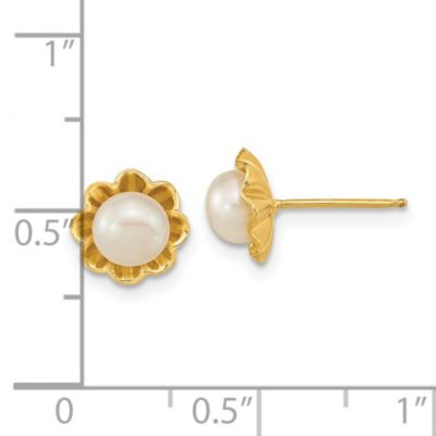 14K Yellow Gold 5-6mm White Button Freshwater Cultured Pearl Post Earrings