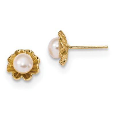 14K Yellow Gold 5-6mm White Button Freshwater Cultured Pearl Post Earrings